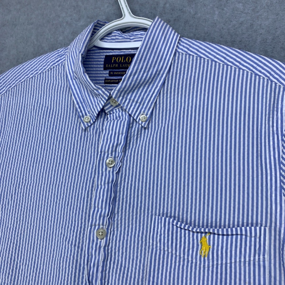 Polo Ralph Lauren Button Down Mens M Blue White Striped Seersucker Untucked Fit